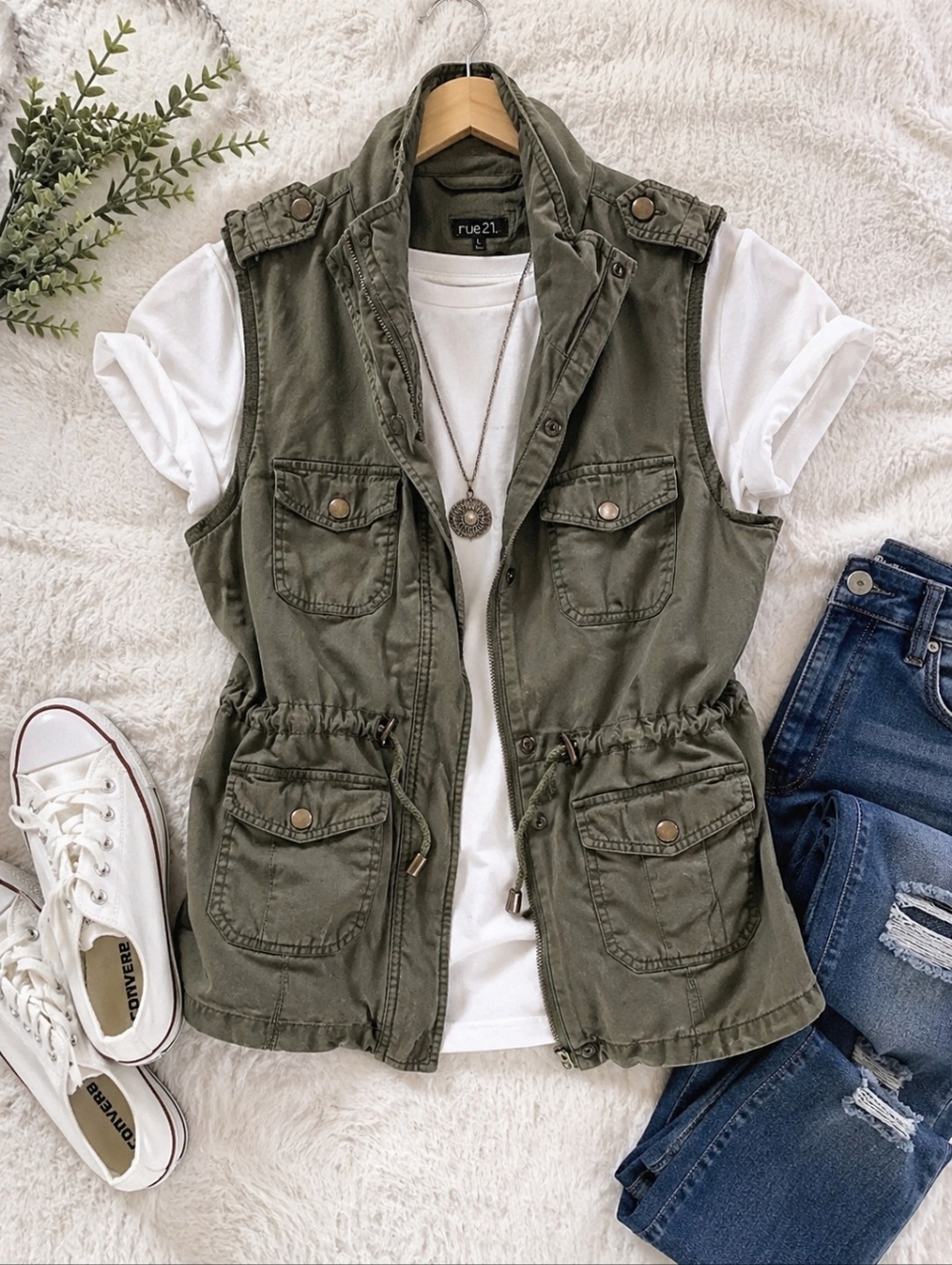 RUE21 Army Green Utility Vest Cinch Waist Cargo Military Style Jacket L - Picture 12 of 12